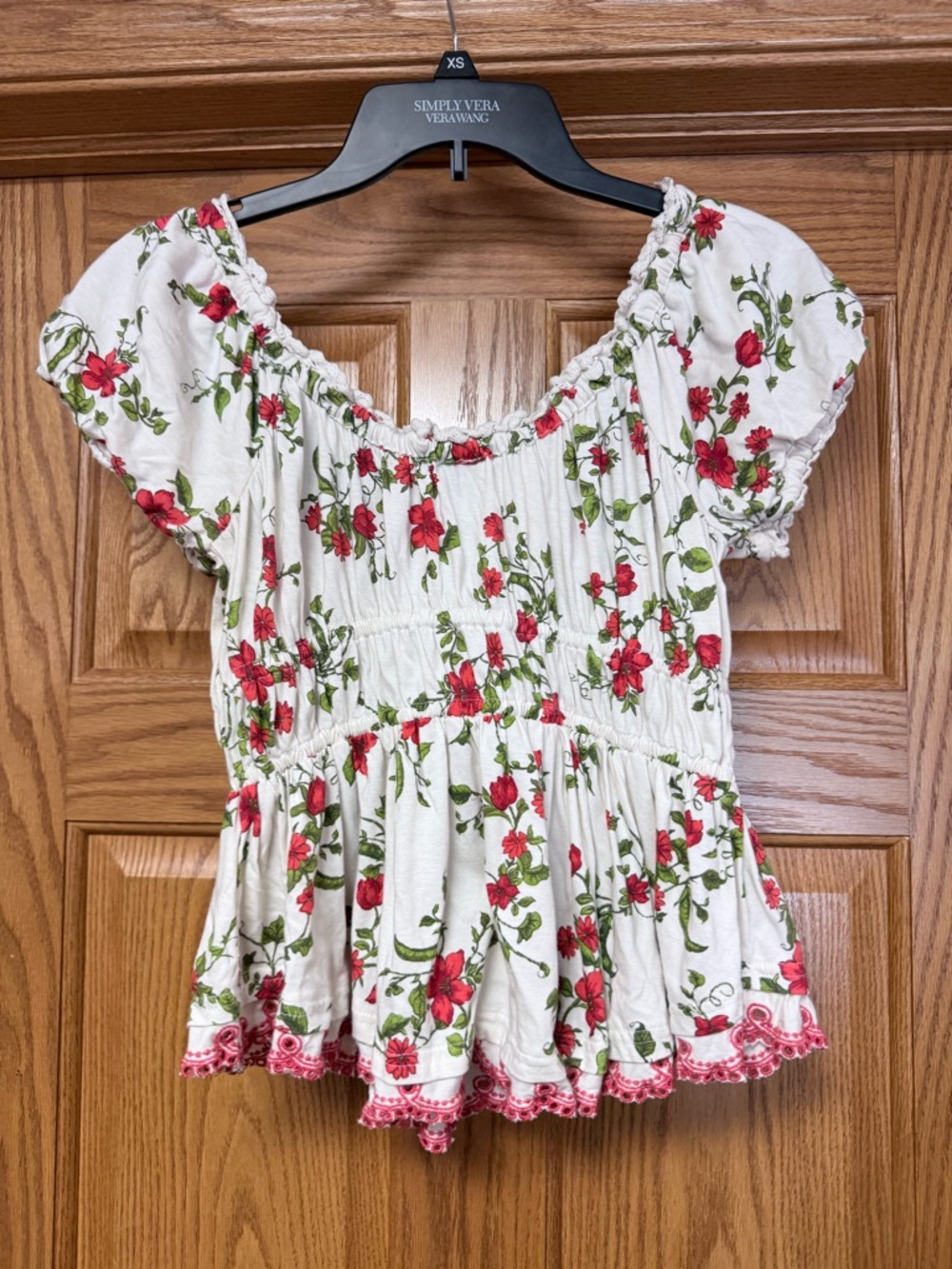 Maeve Floral Puff-Sleeve Peplum Top - White with Red Flowers - Picture 6 of 9